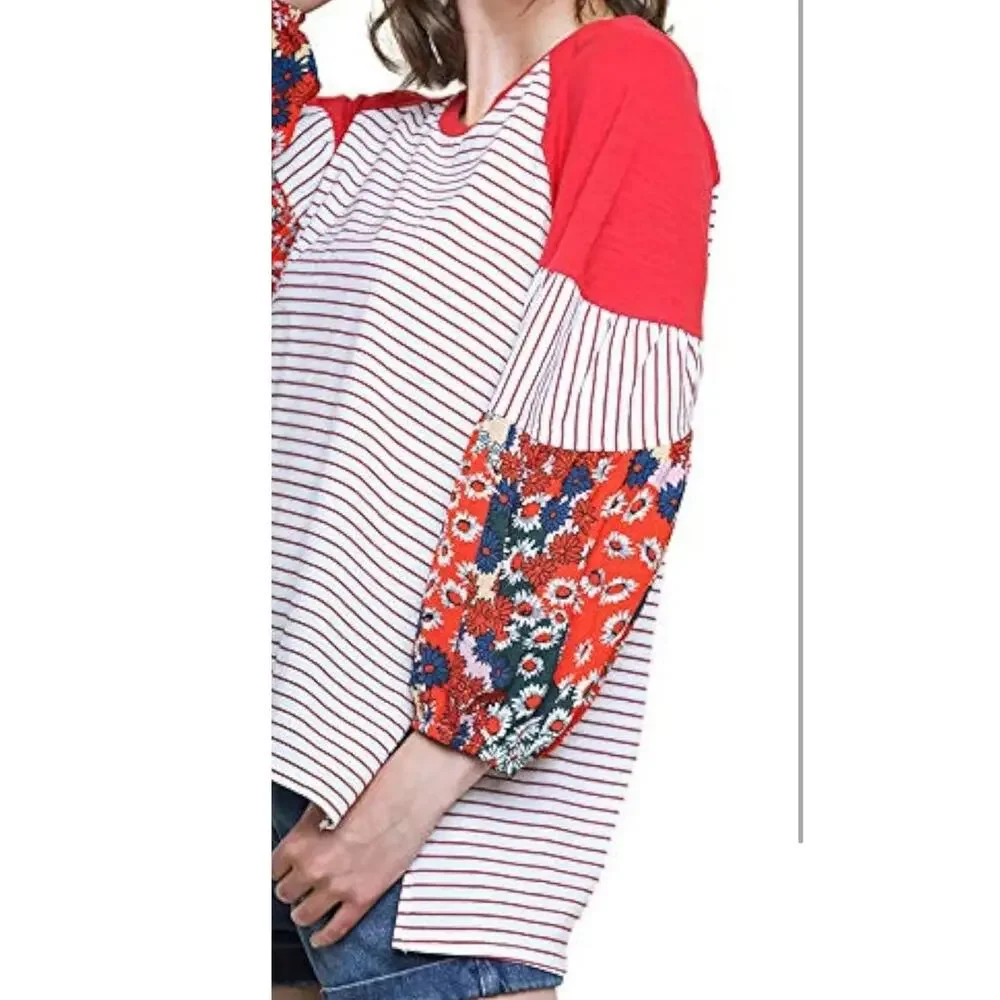 Umgee | Size L Yellow Striped Floral Sleeve Shirt Bubble Sleeve Boho Vintage